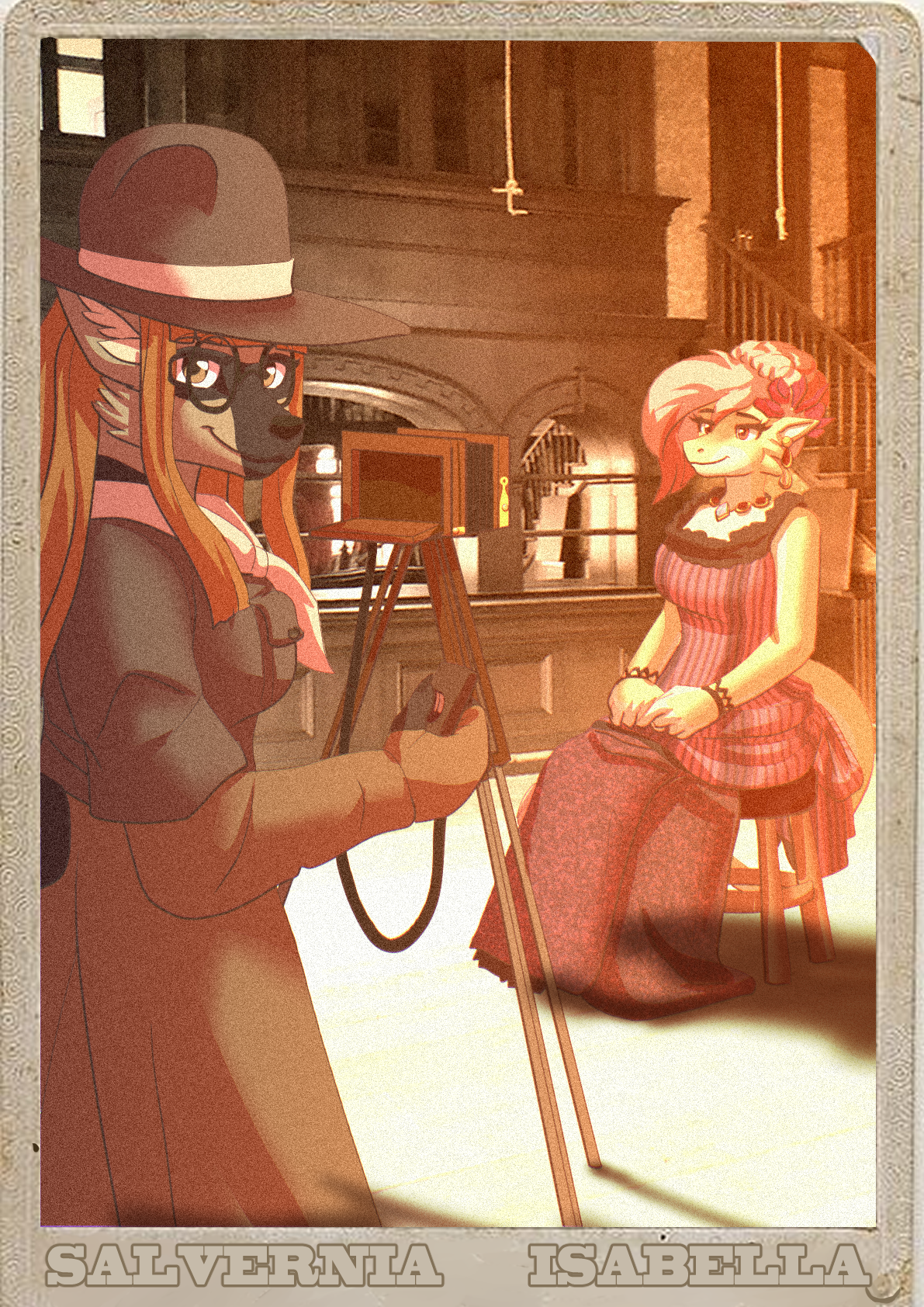 Old Style photo of Salvy in an old west outfit and Isabella sitting as a saloon madam.