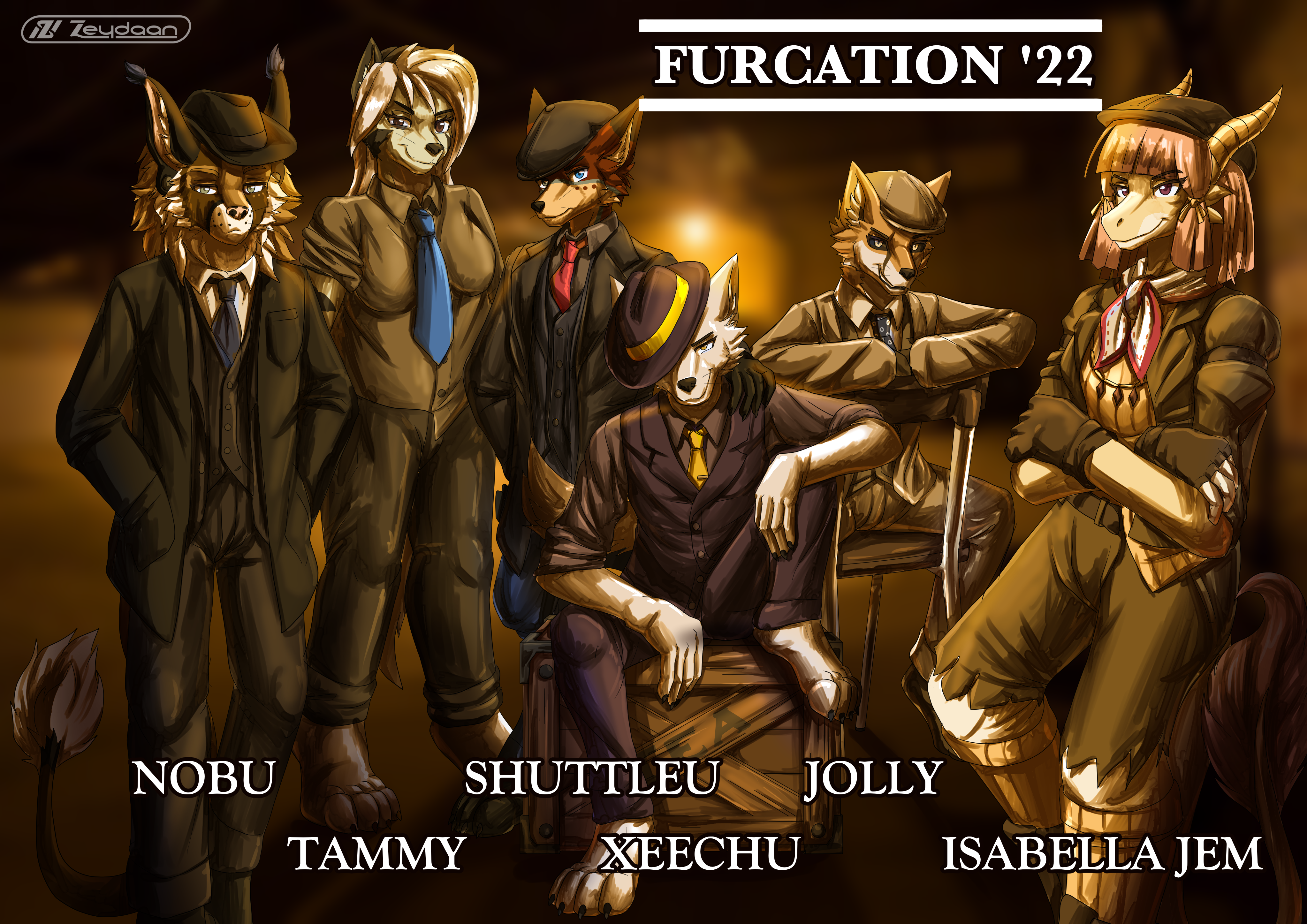 Jolly, Tammy, Shuttleu, Wolf, Seven and Isabella dressed as mobsters in a dimly lit warehouse.