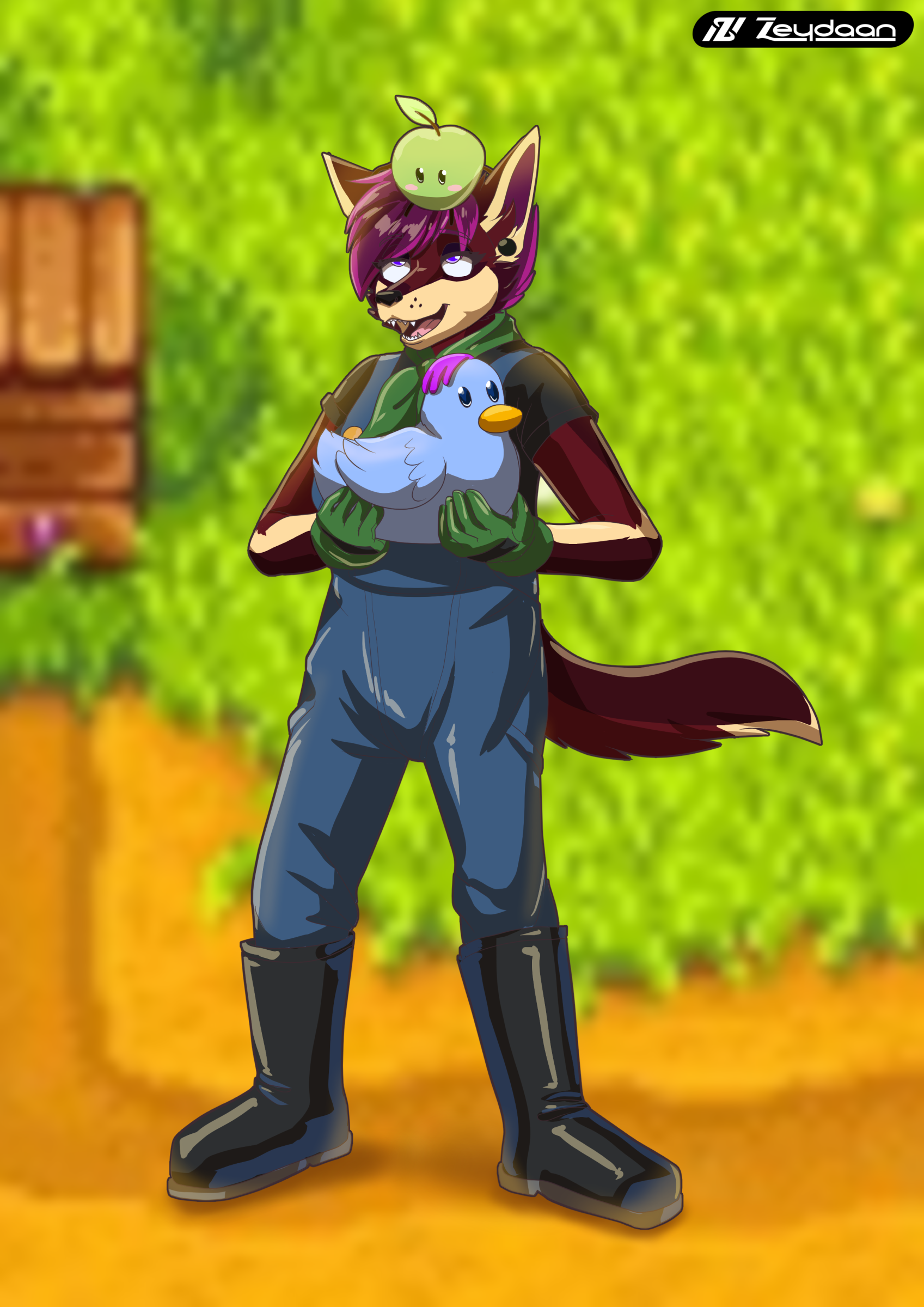 Malia with a Blue Chicken with a Junimo on their head