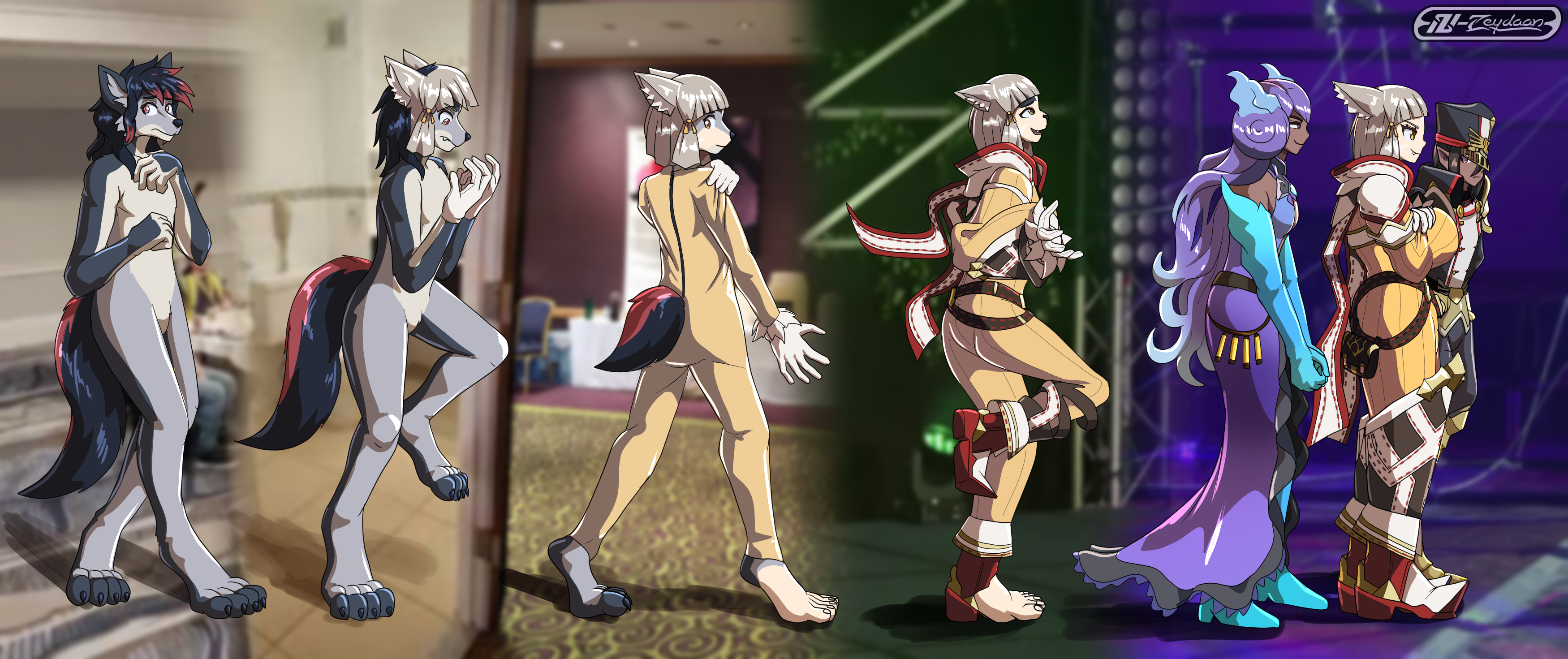 Zeydaan turning into Nia, before standing alongside Bridget and Morag cosplayers.