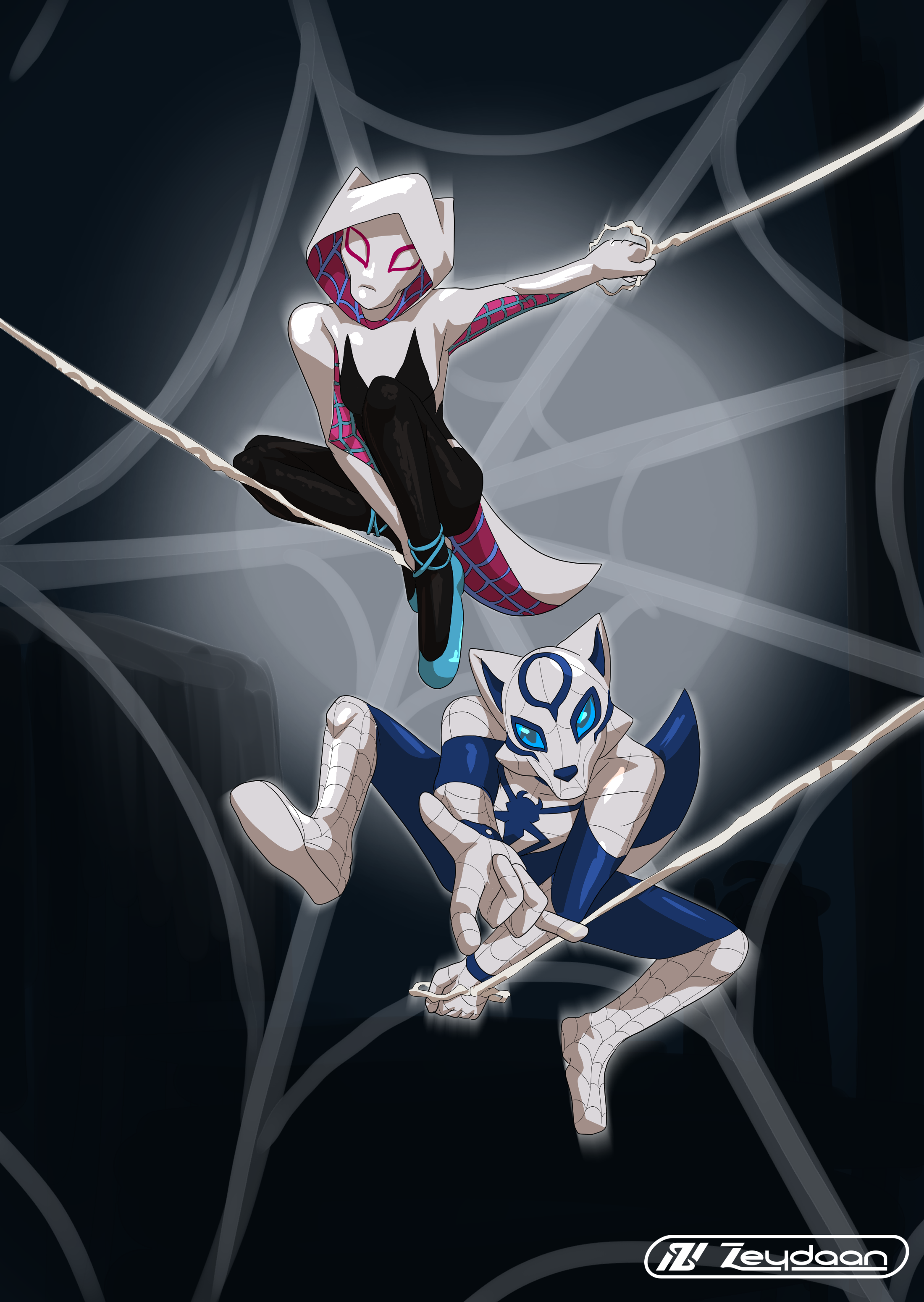Spider-Hound web swinging alongside Zeydaan dressed as Ghost-Spider