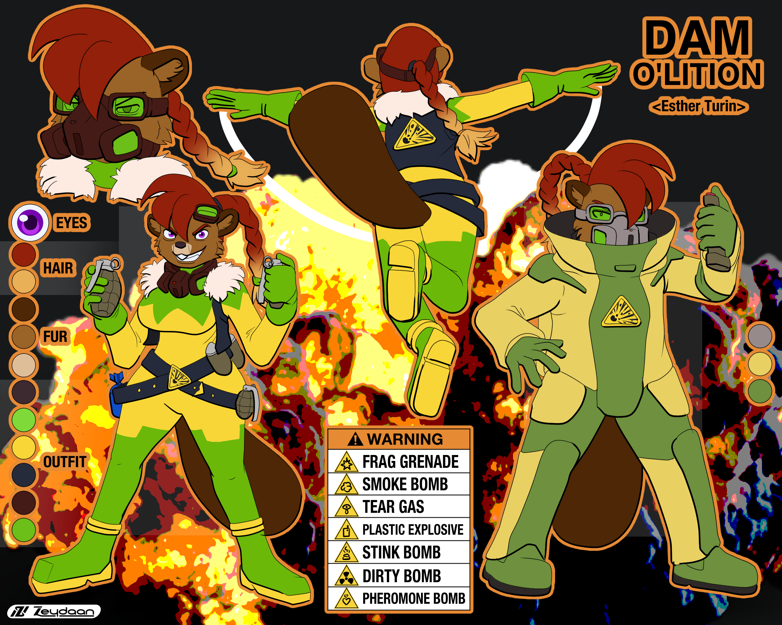 Reference for Dam O'Lition, an explosives themed Beaver Supervillain, with a custom supersuit and bomb disposal suit.