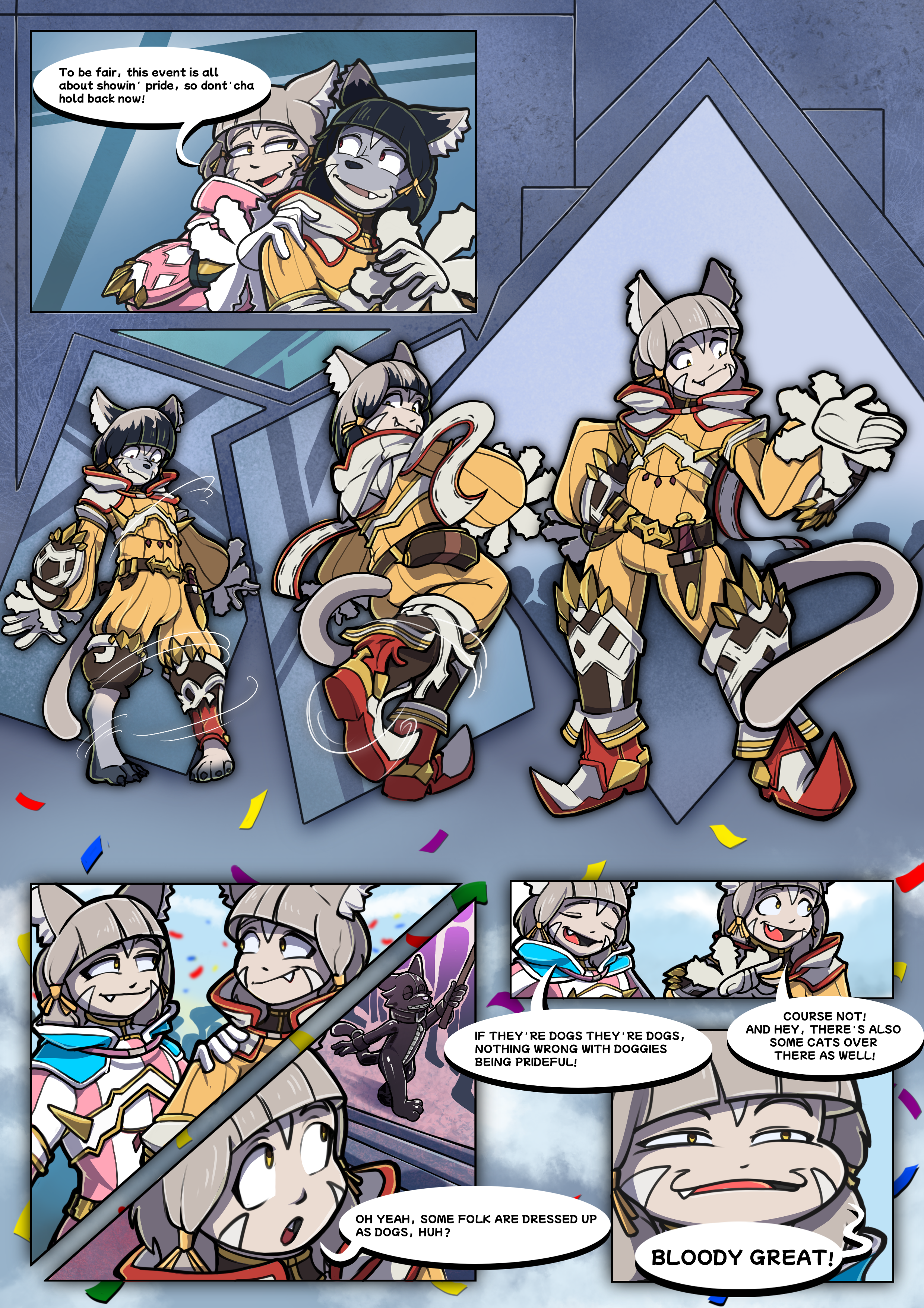 Nia encourages Zeydaan to finish their transformation into her, before they both join in on the parade. "To be fair, this event is all about showin' pride, so dont'cha hold back now!" "Oh yeah, some folk are dressed up as dogs, huh? "If they're dogs, they're dogs, nothing wrong with doggies being prideful" "Course not! And hey, there's also so cats over there as well!" "Bloody great!"