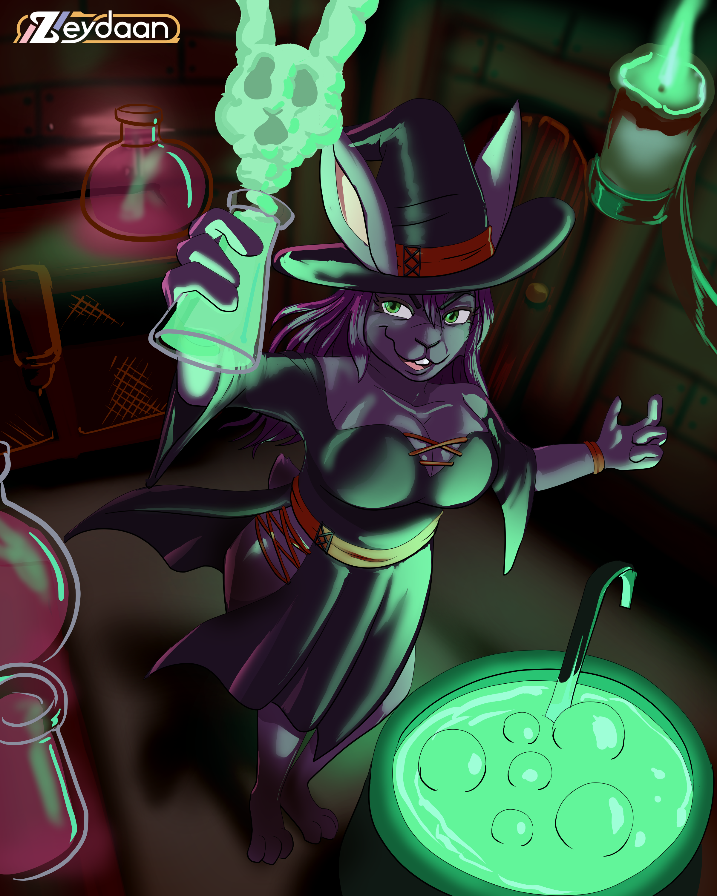 Avida the witch with a huge potion bubbling, holding up a flask with a bunny-shaped cloud emerging from it.