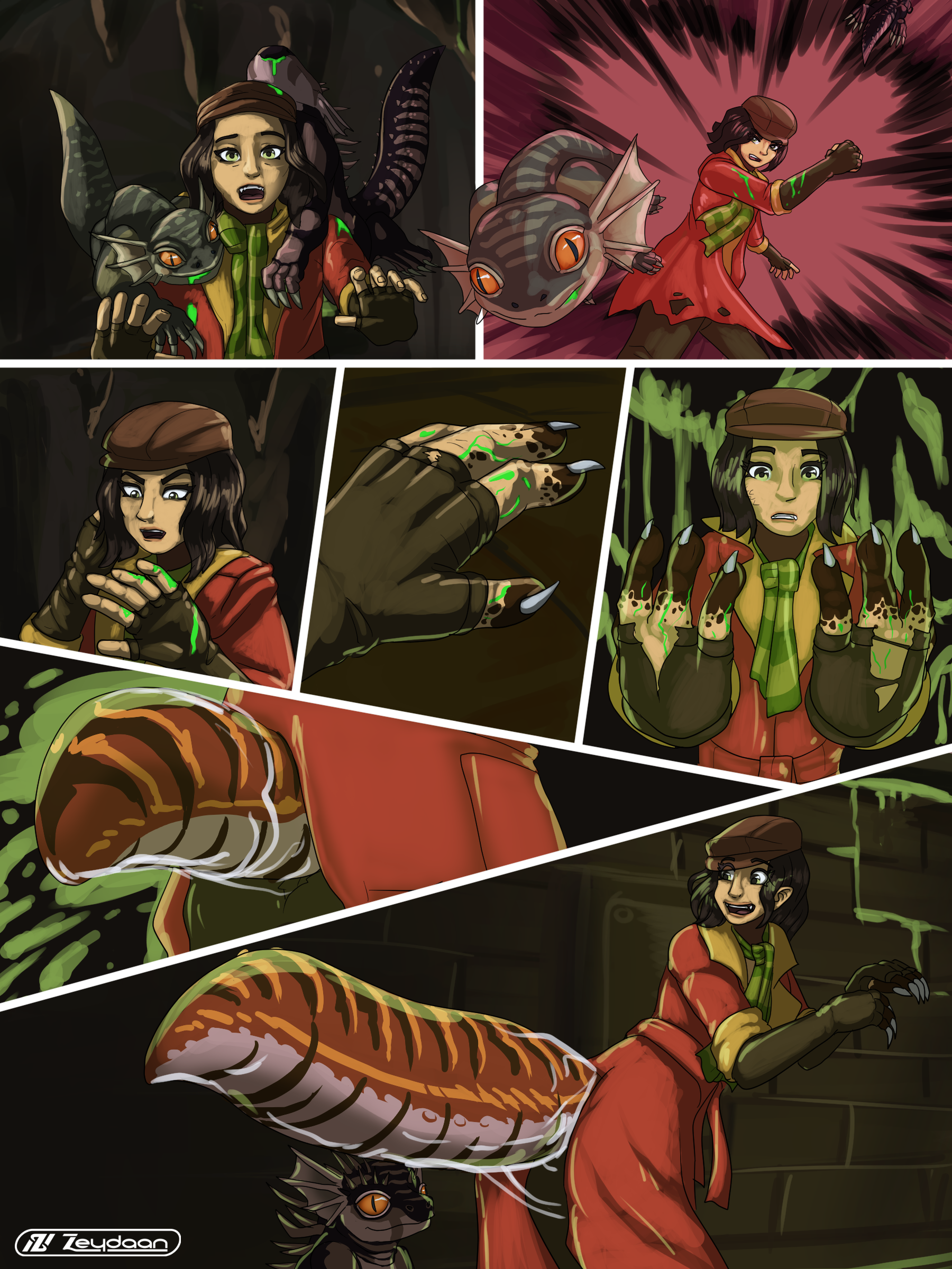 Piper Wright bitten by Geckos and exposed to their mutagen, causing her hands to transform and a tail to burst from her back.