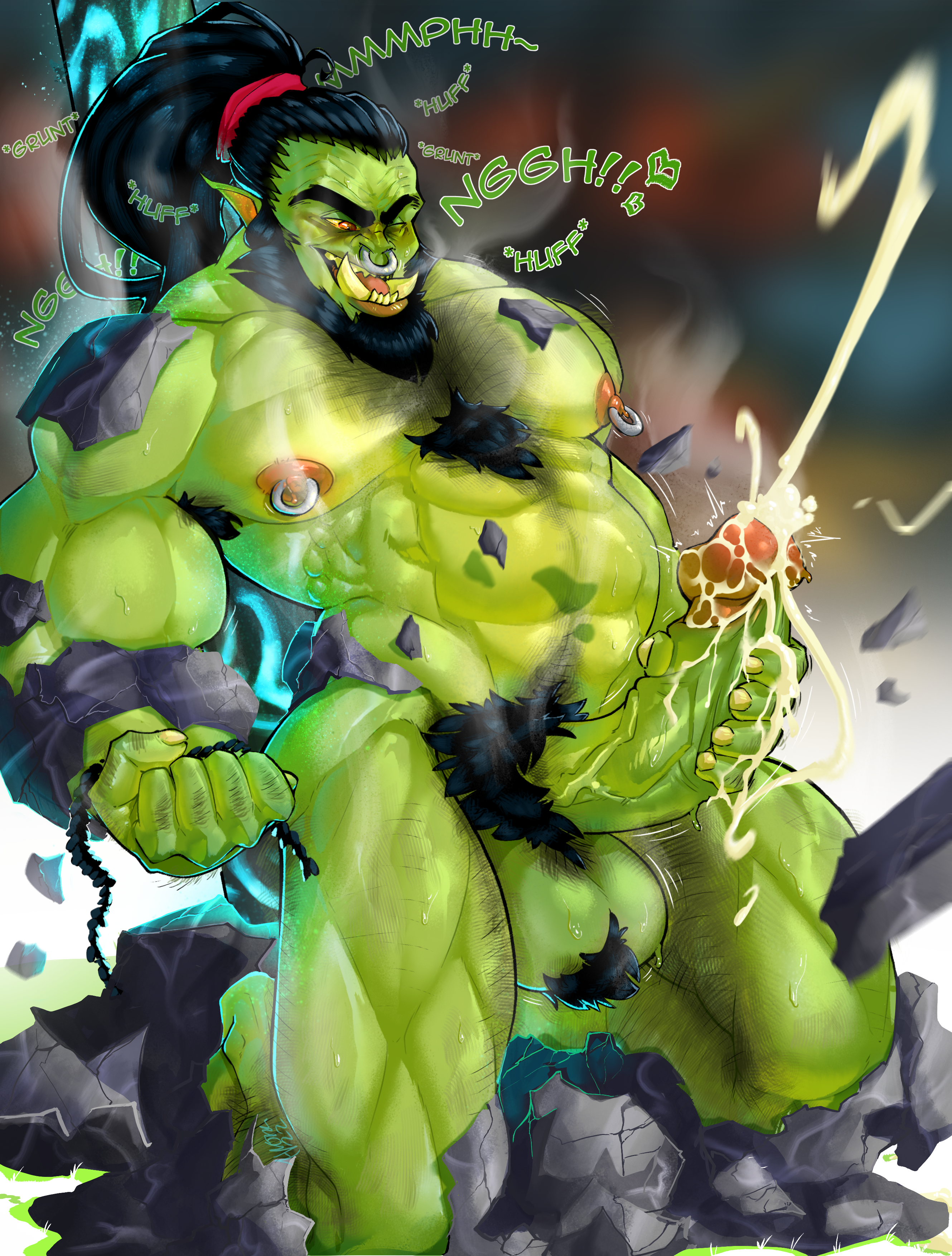 Zeydaan emerging as an Orc warrior, cumming with a roar.