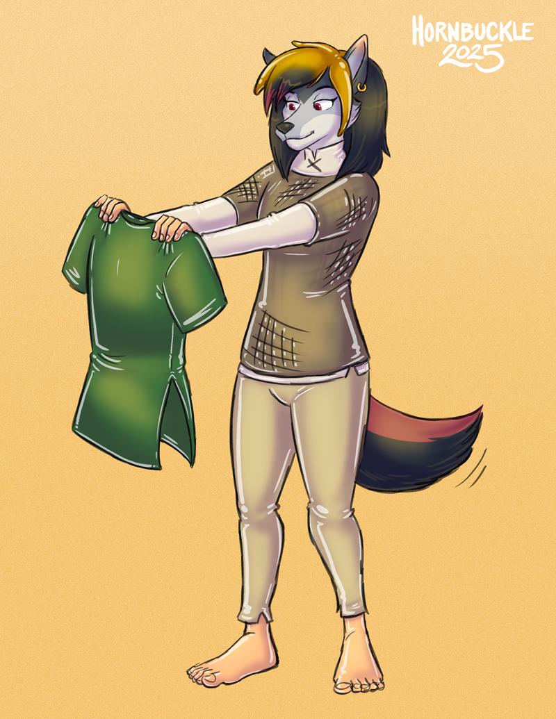 Zeydaan wearing rubbery chain mail and holding a rubber tunic while her ear and hair turn rubbery and blonde. While her feet turn humanoid and tail shrinks.