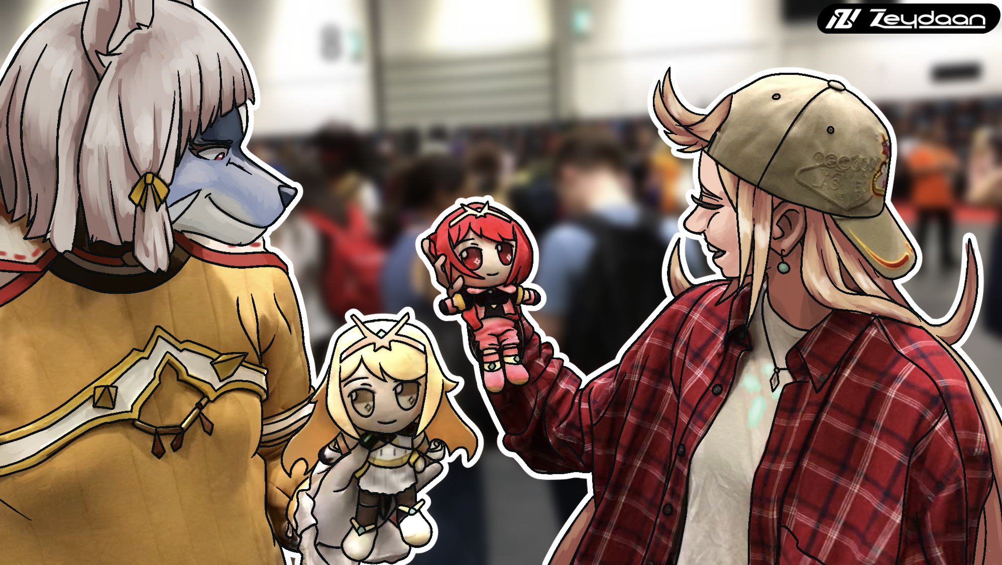 Zeydaan as Nia meeting Mythra with plushies of Pyra and Mythra.