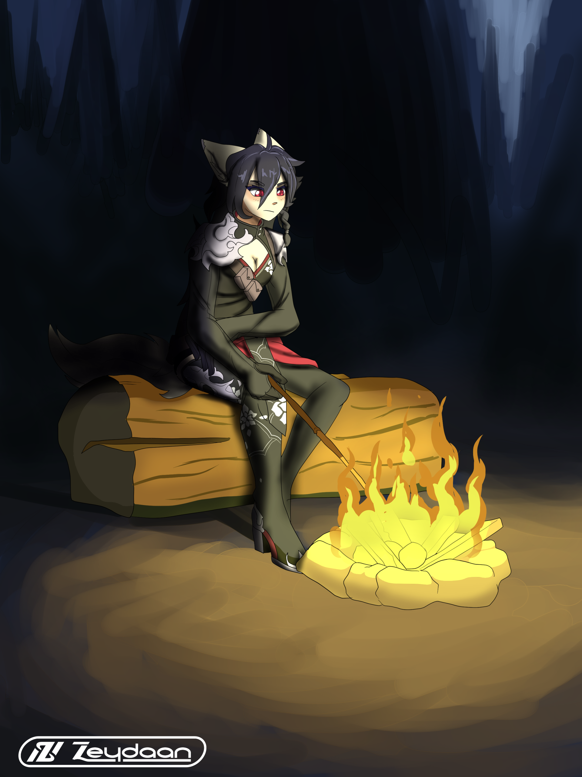 Myra sitting out by a campfire