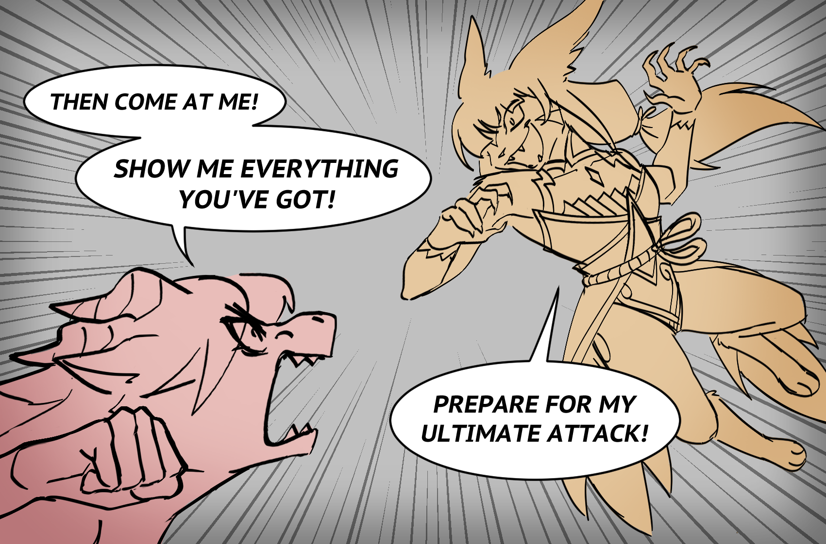 Nia as an anthro gormotti lunging at Isabella, who readies a punch "THEN COME AT ME! SHOW ME EVERYTHING YOU'VE GOT!" "PREPARE FOR MY ULTIMATE ATTACK!"