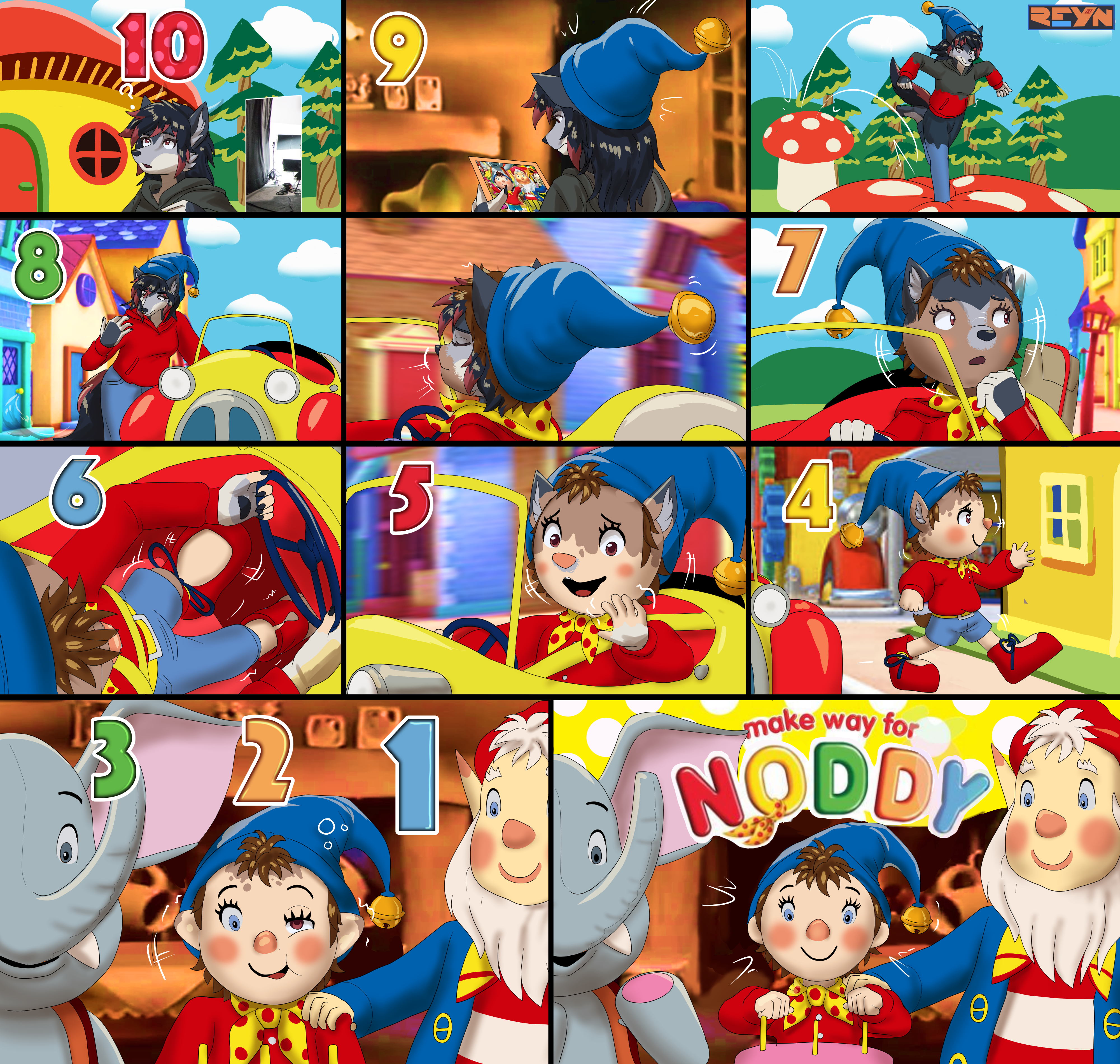 Zeydaan transforming into Noddy as a countdown occurs, her head inflating up and clothing growing out of them.