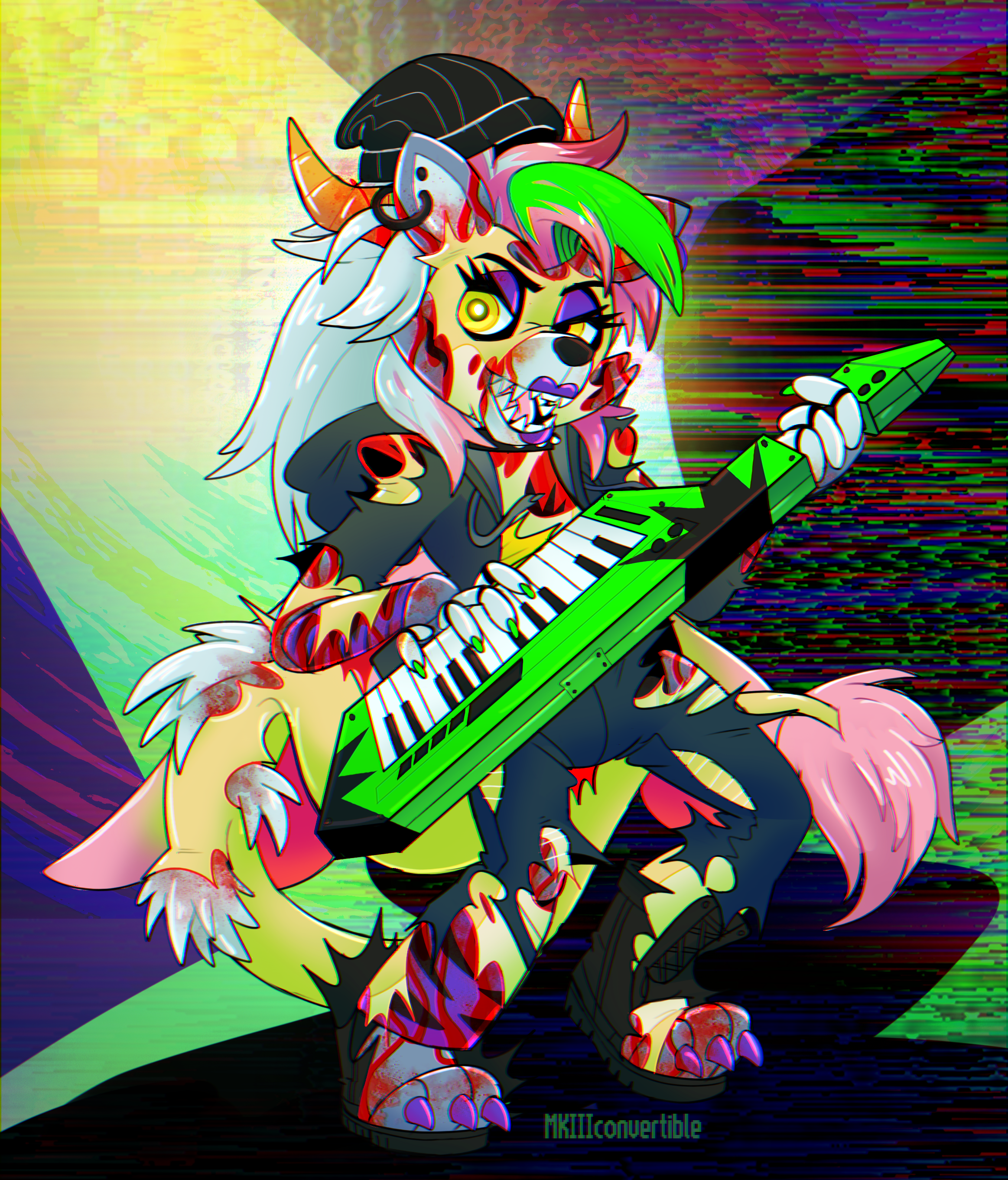 Isabella turning into Roxanne wolf, the robotic parts bursting out of her body in a bloody mess.
