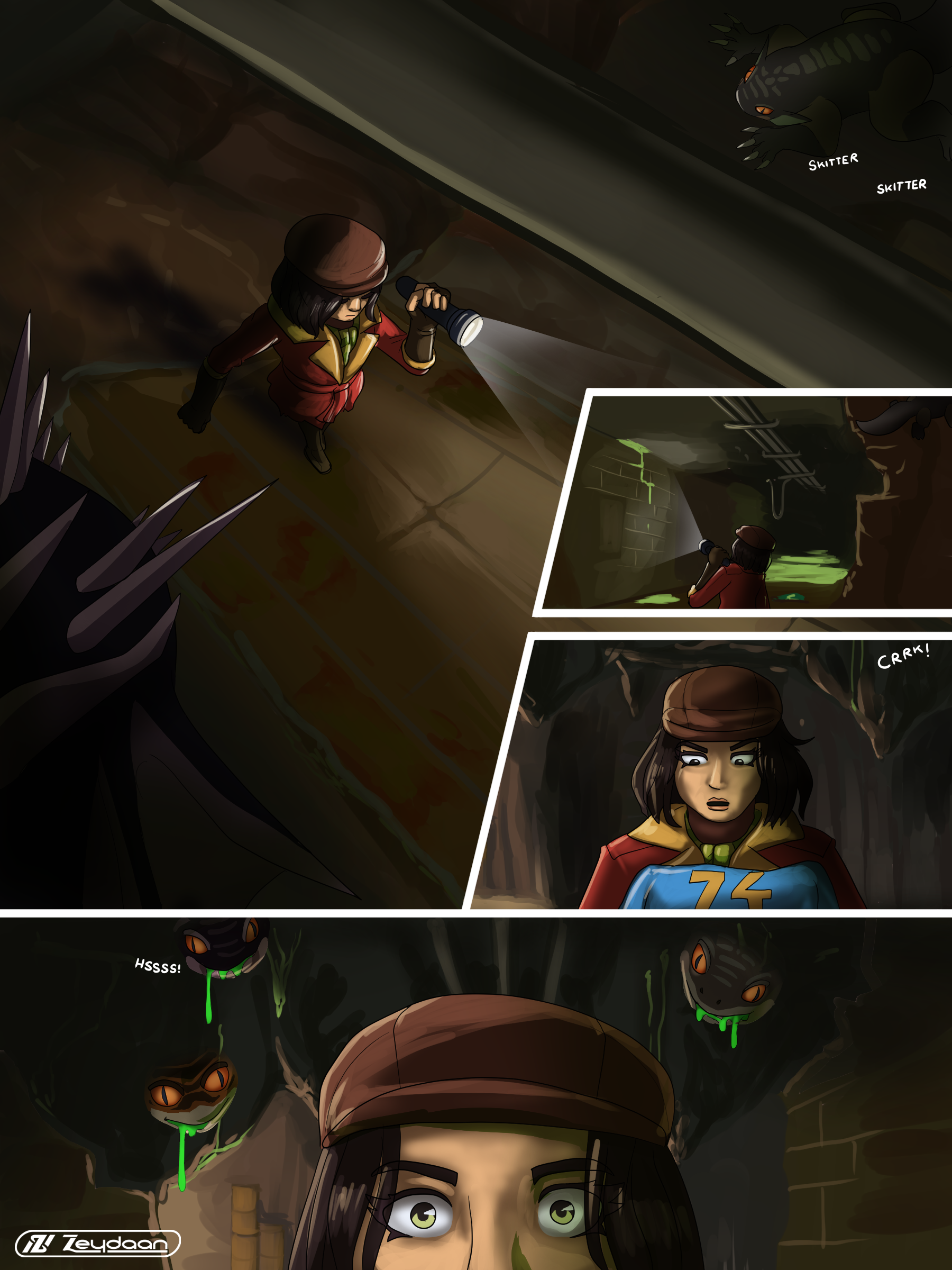 Piper Wright exploring a dark Vault, noticing ripped uniforms and hissing behind her.