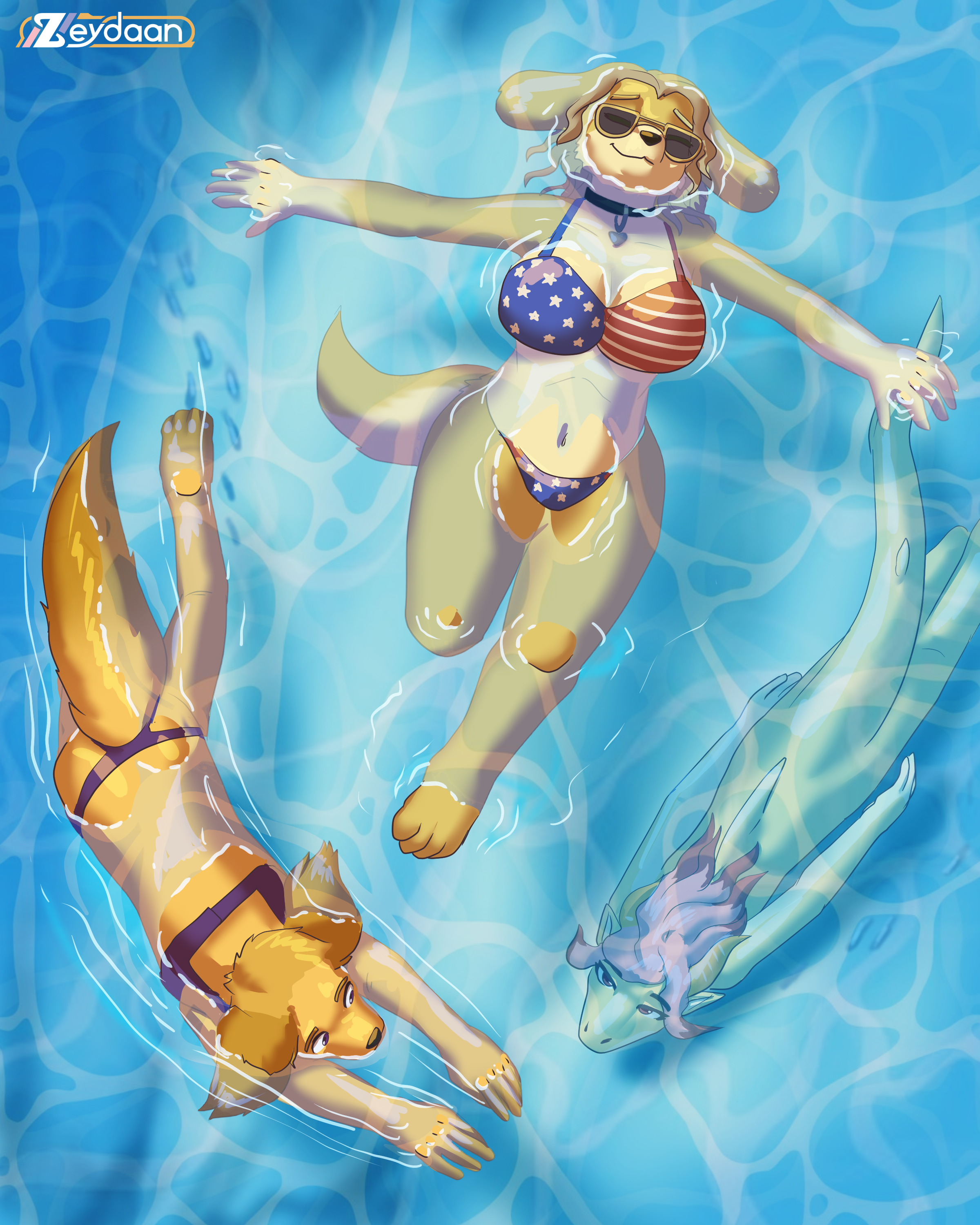Millie and Verse swimming on waters surface, and Isabella as a Shark swimming underwater.