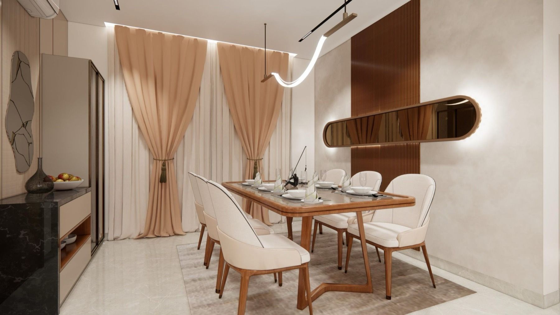 Dining area with a wooden table and warm light, designed by Simplify Home