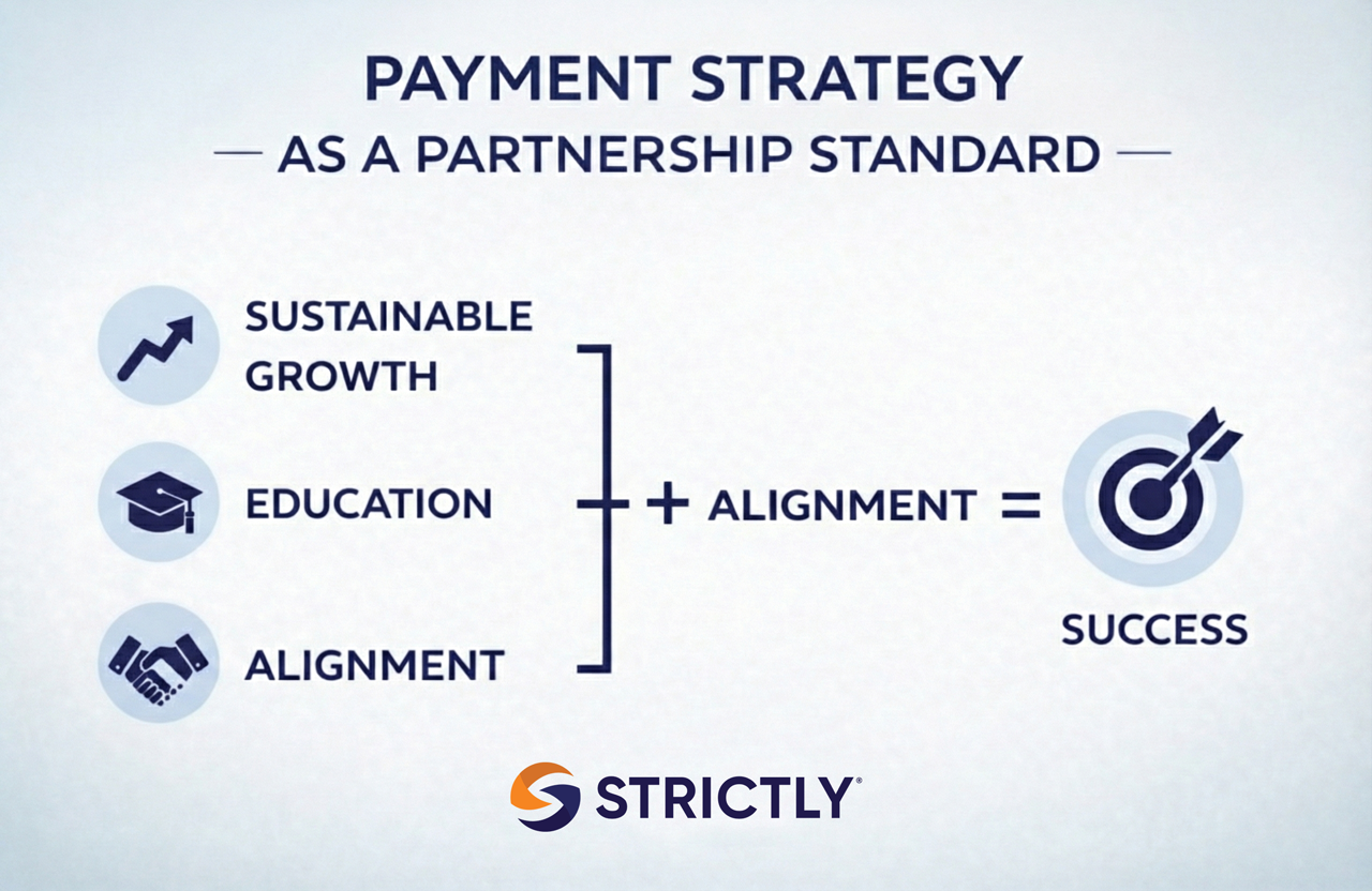 Strictly diagram connecting sustainable growth, education and alignment with payment partnership success.