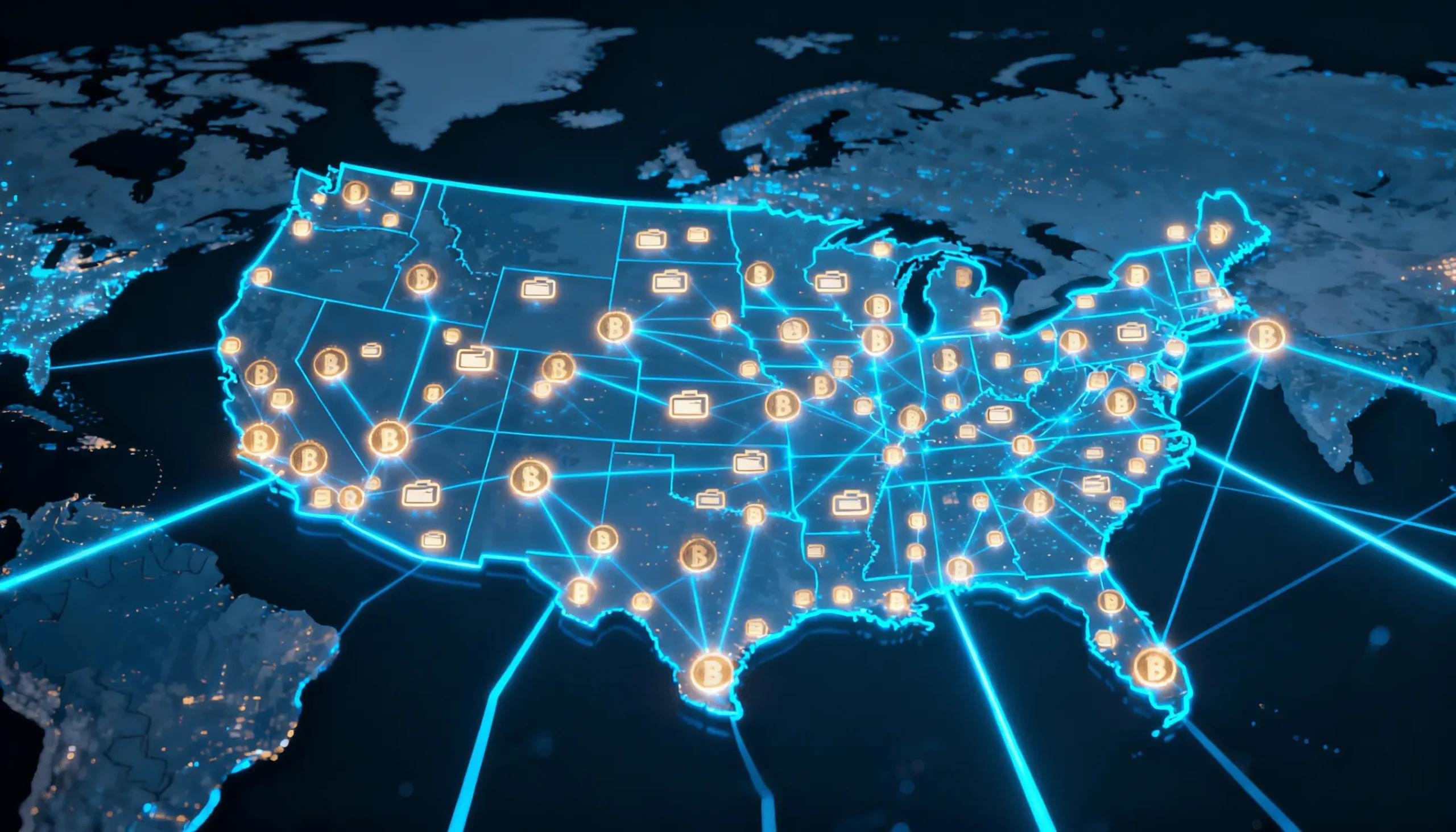 Global map showing a digital network of cryptocurrency and digital wallet users connected across the United States, representing the rapid growth of crypto payments and digital commerce.