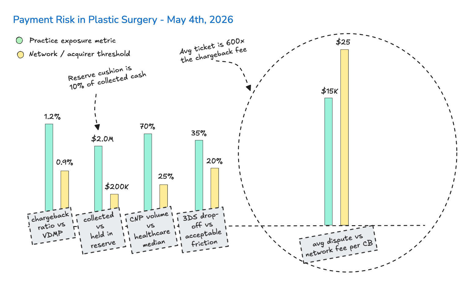 Payment Risk in Plastic Surgery chart comparing chargeback ratio, reserves, card-not-present volume, 3DS drop-off and dispute costs.