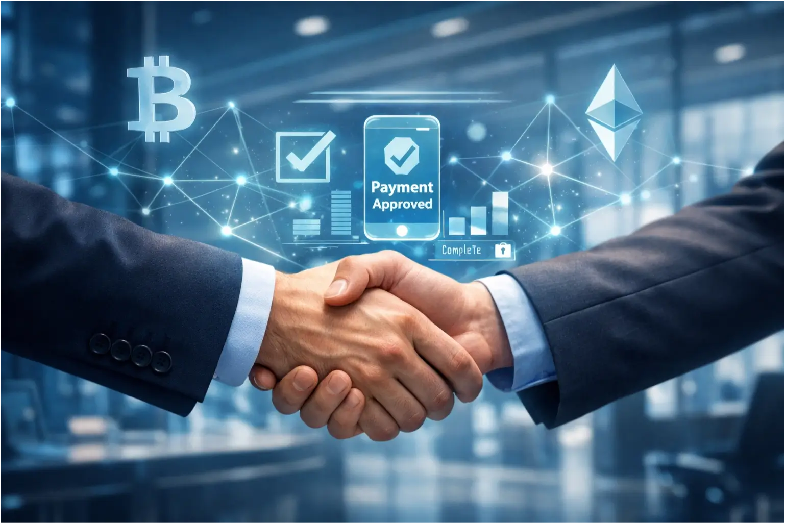 Business handshake representing the partnership between Strictly and Bead enabling businesses to accept cryptocurrency and digital wallet payments through modern fintech payment infrastructure.
