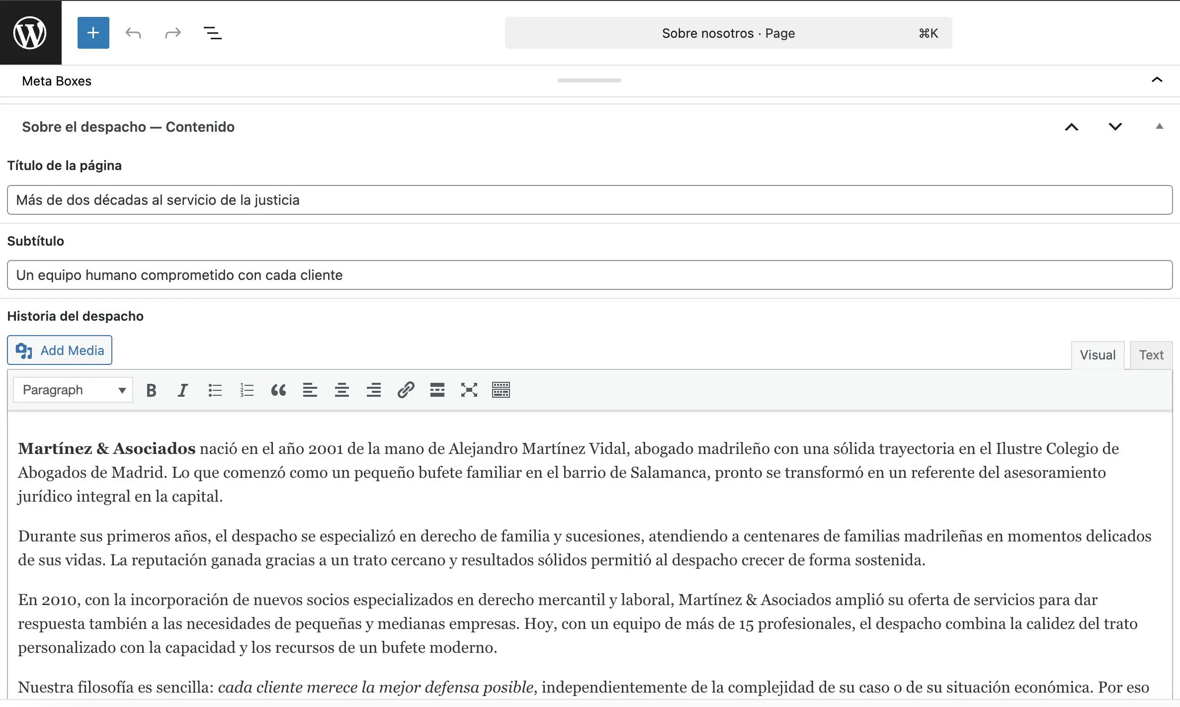 Panel de administración WordPress del despacho Martínez Asociados