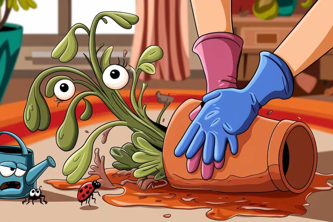 Cartoon illustration of a shocked plant with eyes spilling out of a tipped-over pot as someone's gloved hands attempt to catch it, with a sad-faced watering can and ladybug watching, creating a humorous indoor gardening mishap scene.