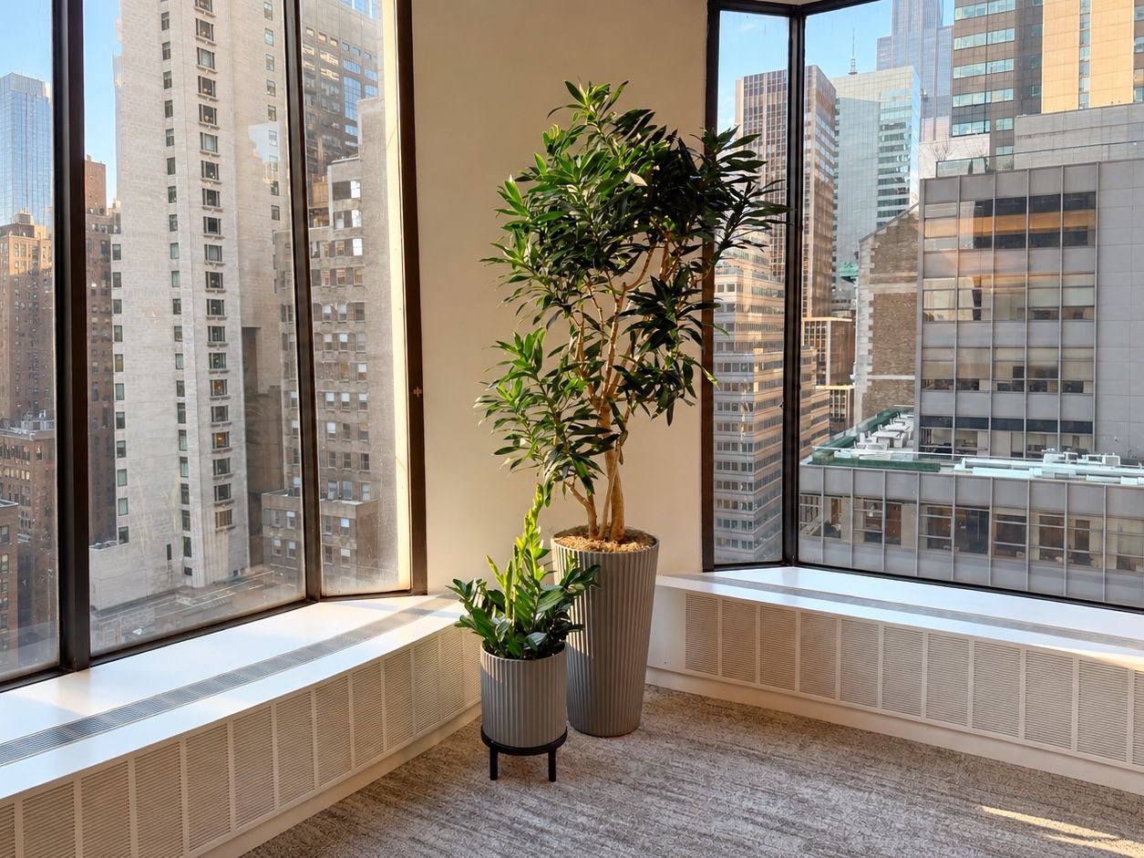 Corner of a Manhattan office with a dracaena and ZZ plant in fluted planters and the Midtown skyline through the windows