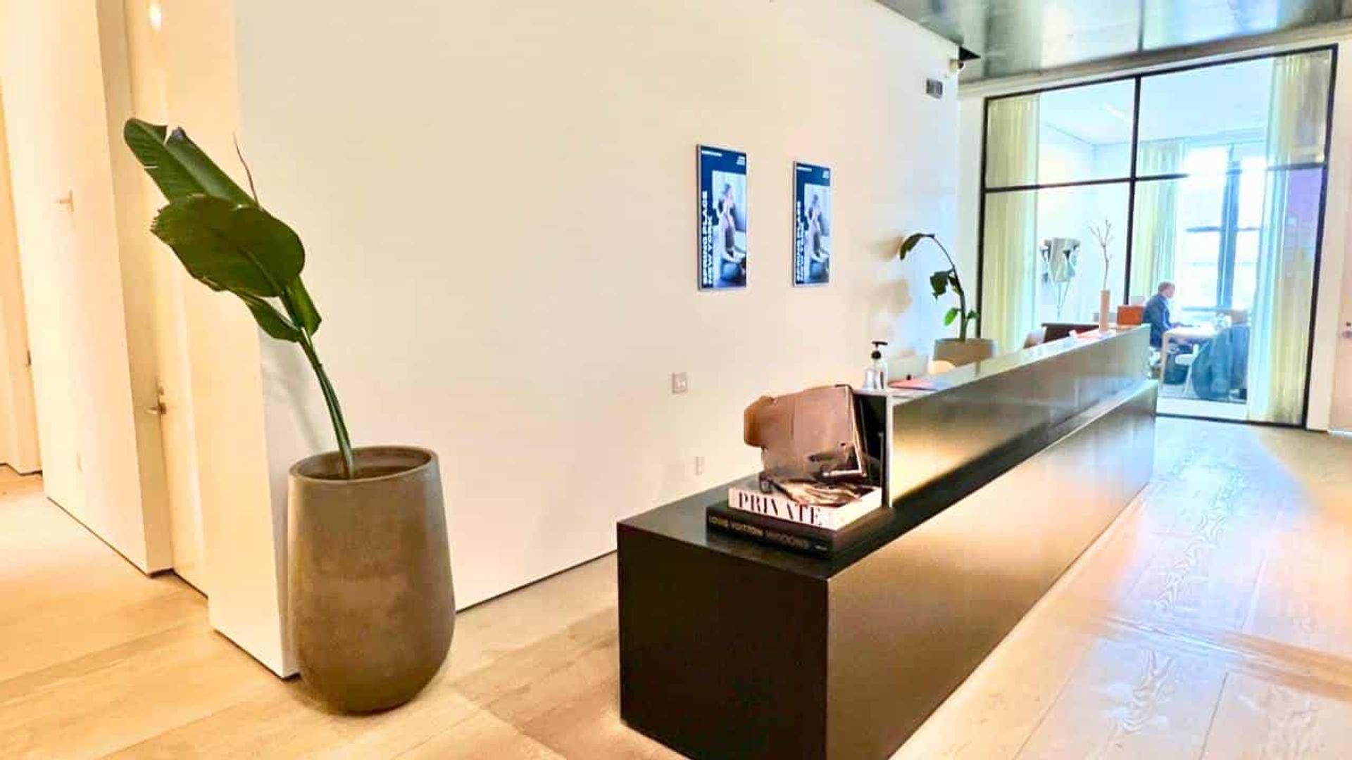 An under-fertilized bird of paradise plant with a single drooping leaf, in a tall ceramic pot, inside a modern office lobby.