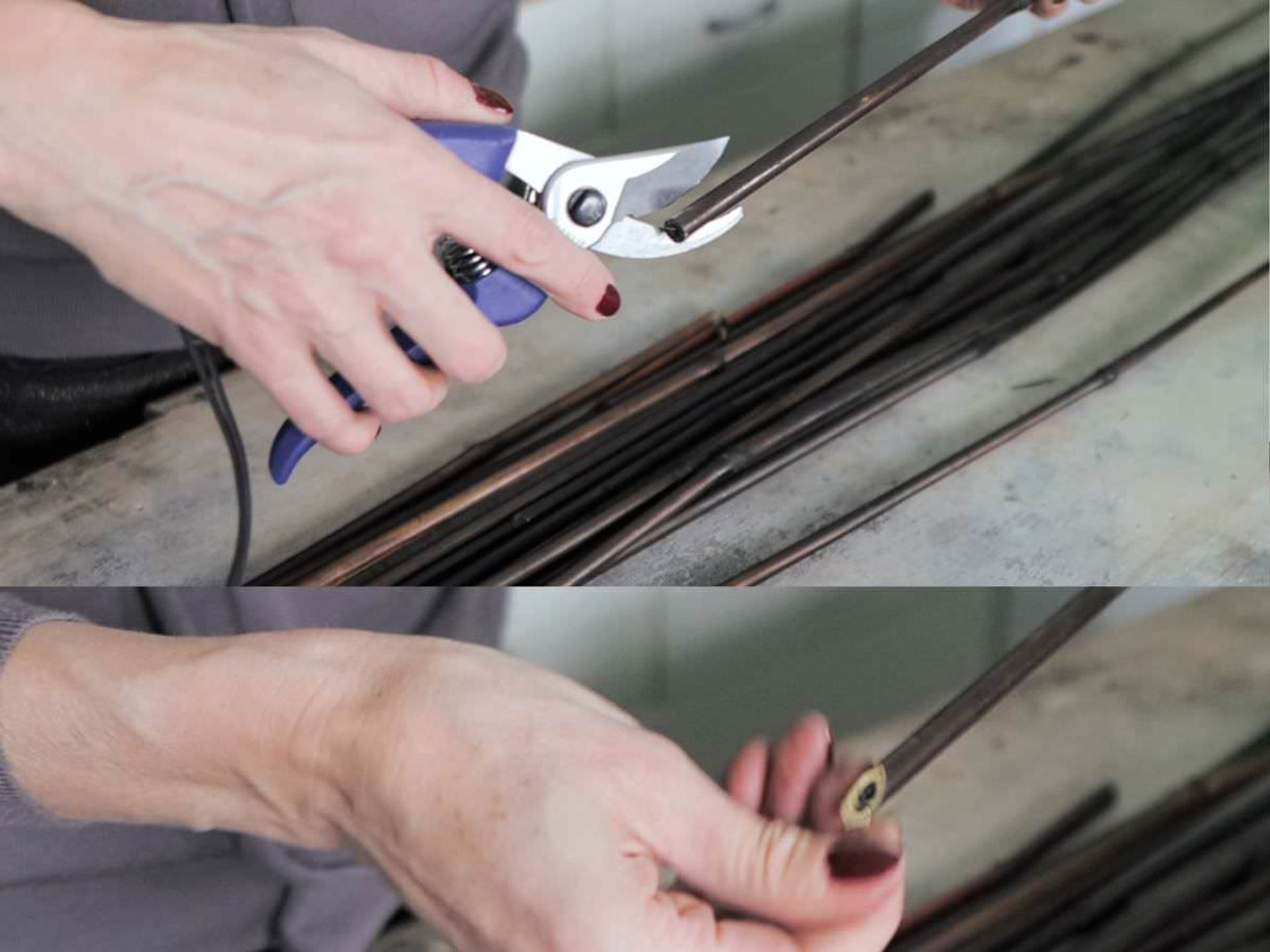 Cutting bamboo sticks on an angle