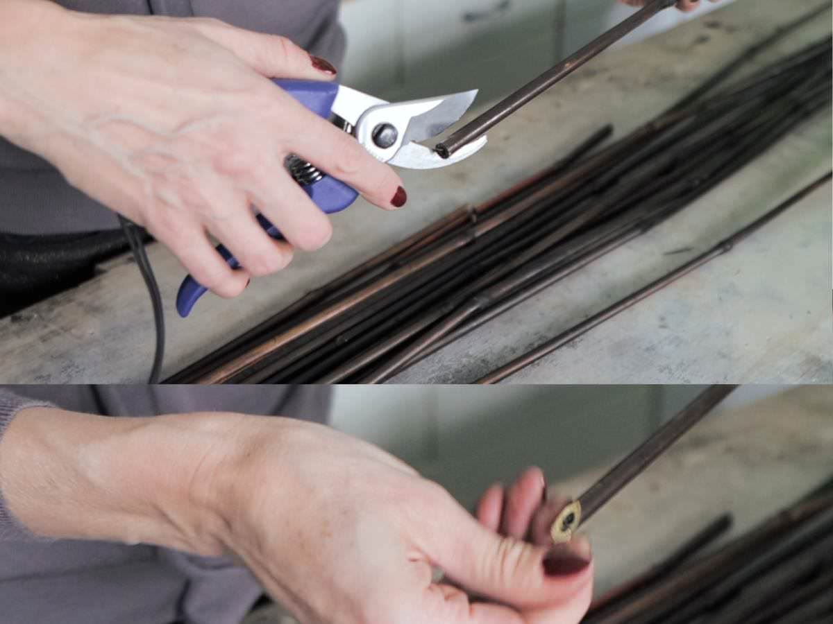 Cutting bamboo sticks on an angle