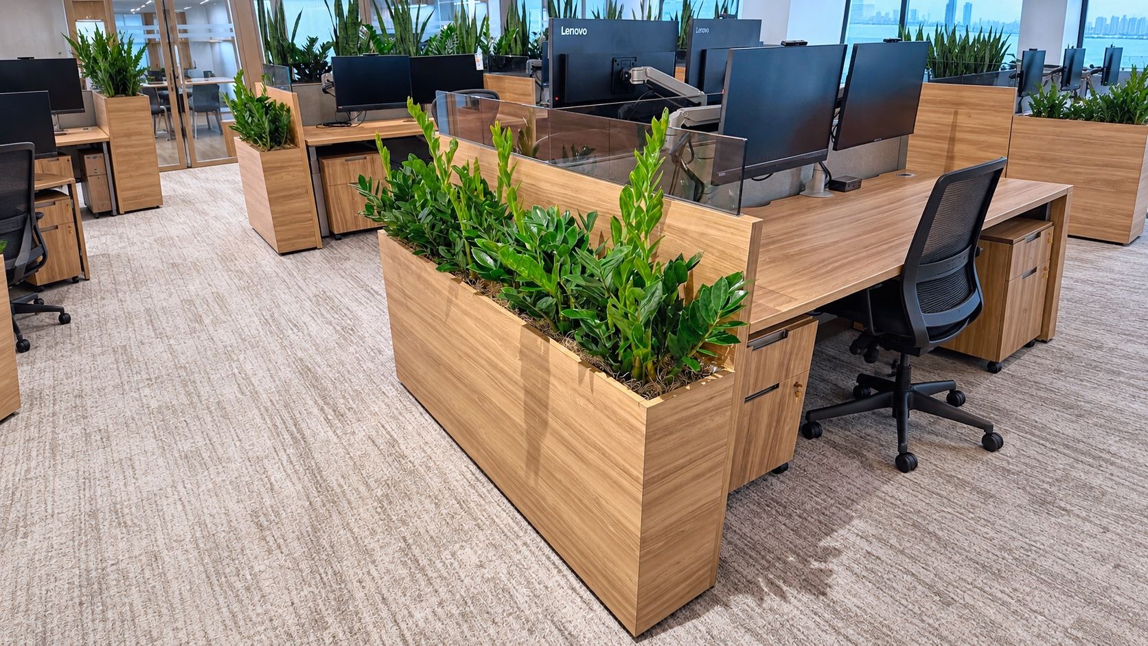 Long oak planter of ZZ plants installed as a divider between desk rows in an open-plan Manhattan office