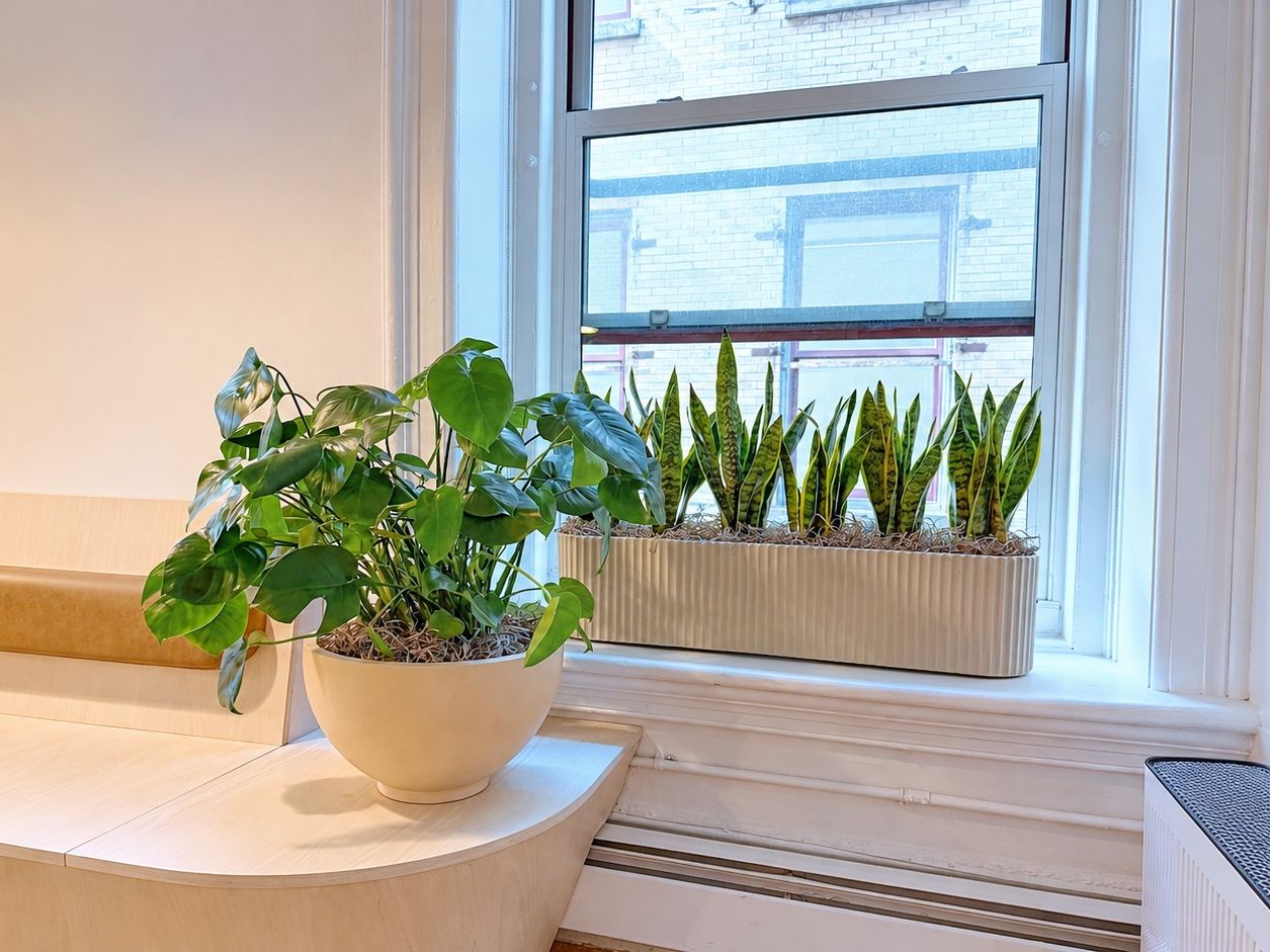 Snake plants in a fluted window box and a philodendron in a bowl on a Manhattan office windowsill