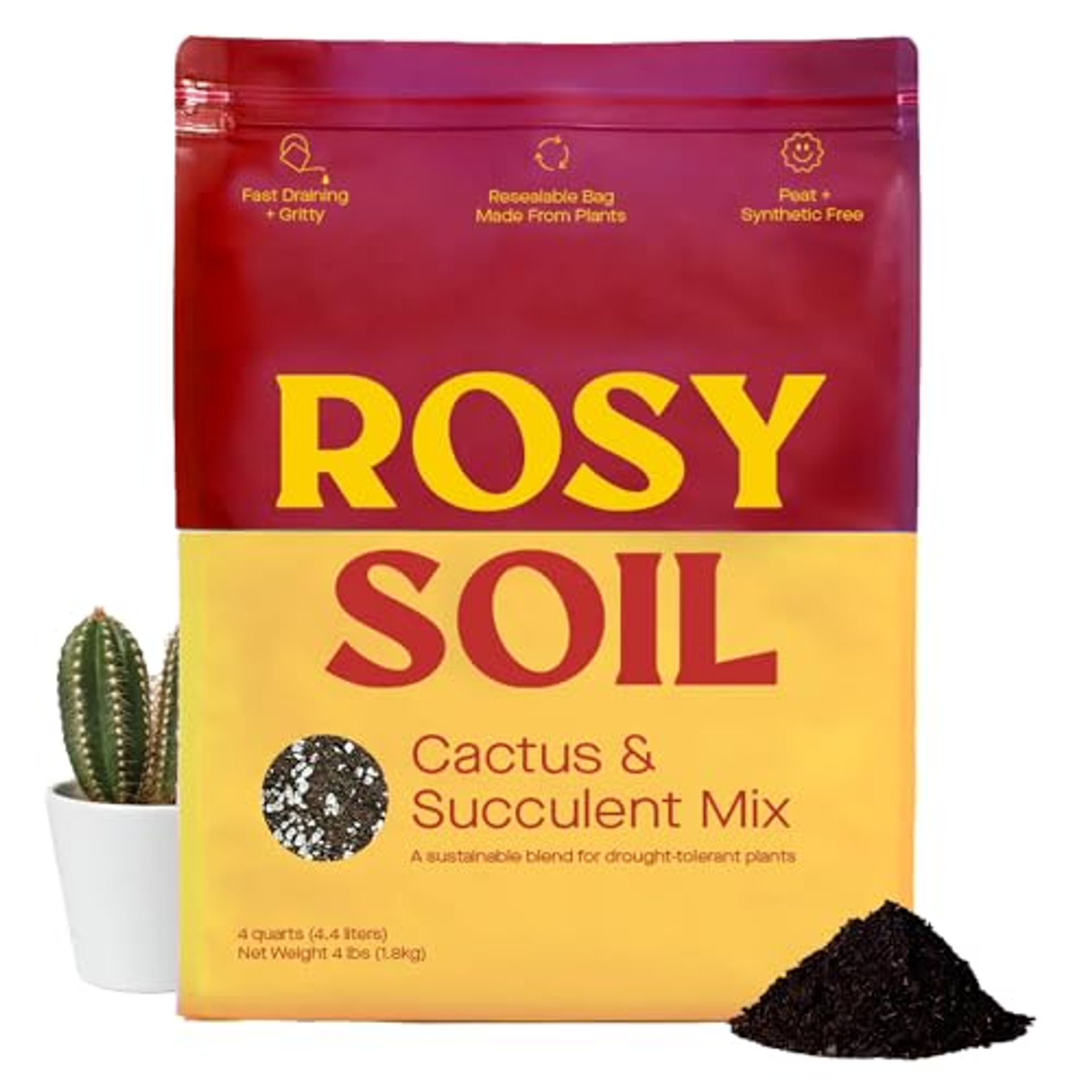 Rosy Soil Cactus and Succulent Potting Mix for Houseplants - Fast Draining Soil for Succulents, Aloe Vera, Indoor Plant - Root Boosting Biochar for Drought Tolerant Growth - Peat Free (1ct, 4 Quart)