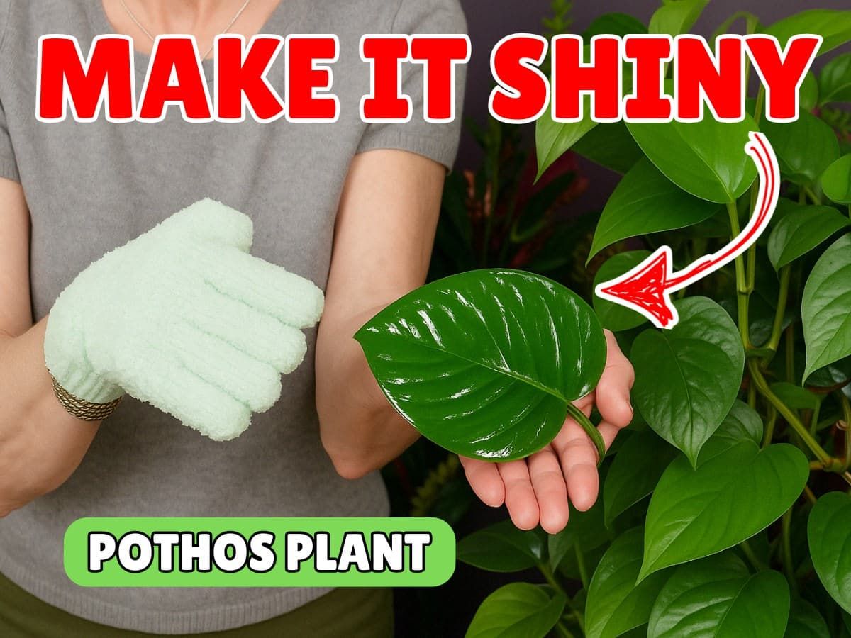 Person cleaning shiny pothos plant leaf with a glove.