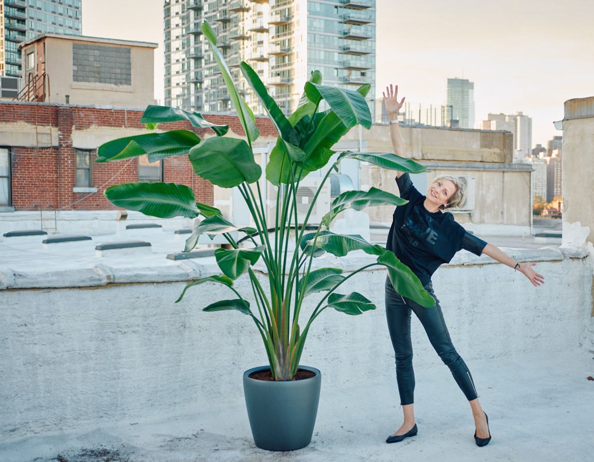 Juliette, co-founder of My City Plants, playfully posing next to a large bird of paradise plant on an urban rooftop.