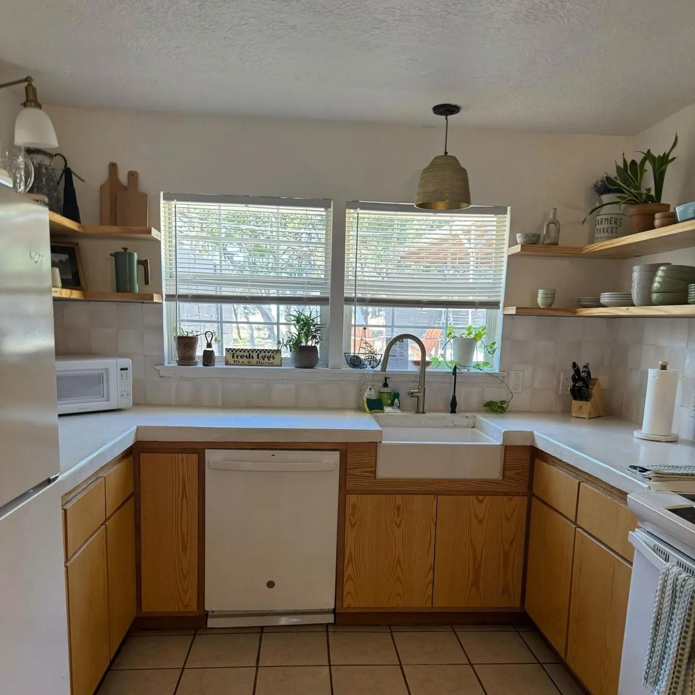 Clean kitchen counters and cabinets