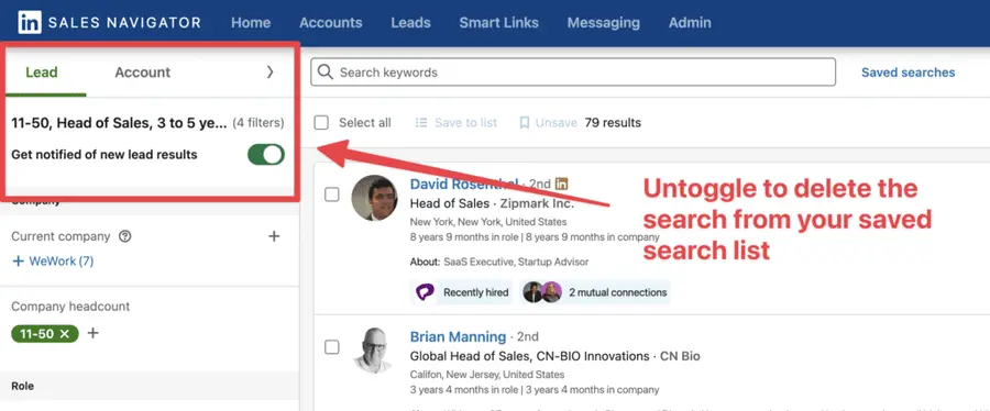 delete saved search sales navigator