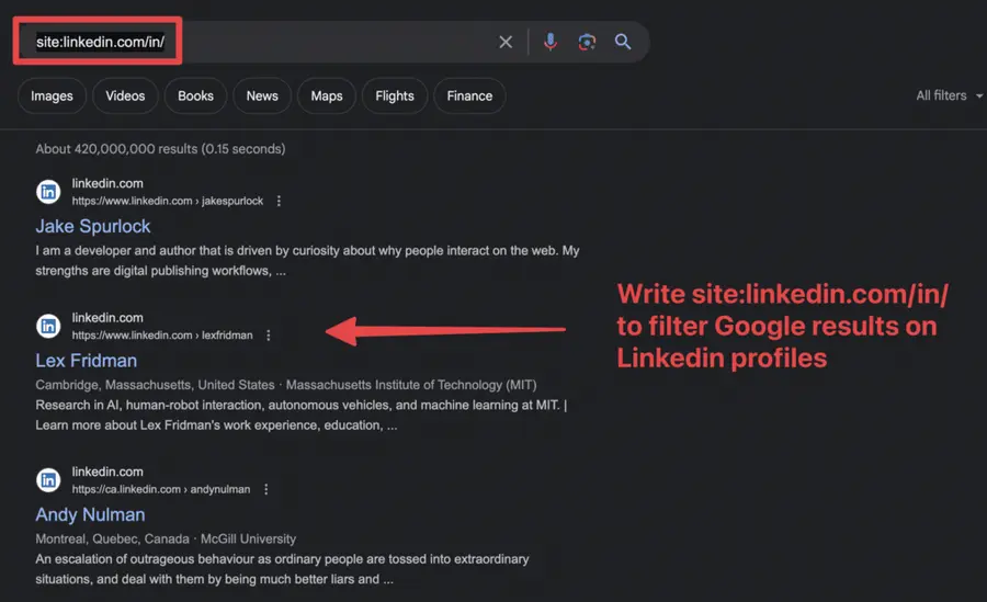 get linkedin profiles from google search results