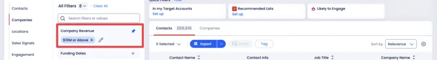 company revenue filter zoominfo