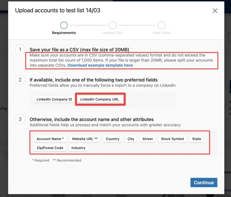 instructions import CSV dans linkedin sales navigator 