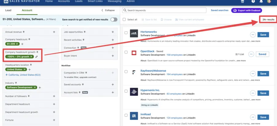 split account results with headcount growth filter