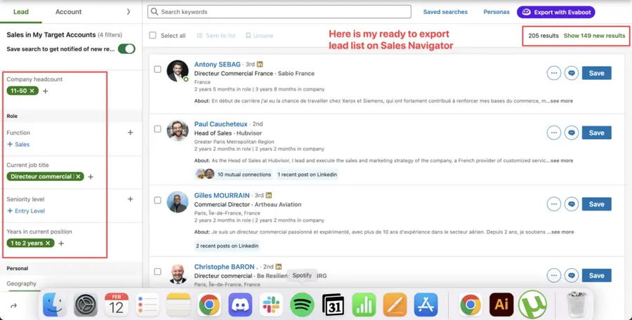 Liste de leads créée en utilisant les filtres avancés de Sales Navigator