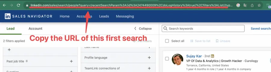 copy url sales navigator search