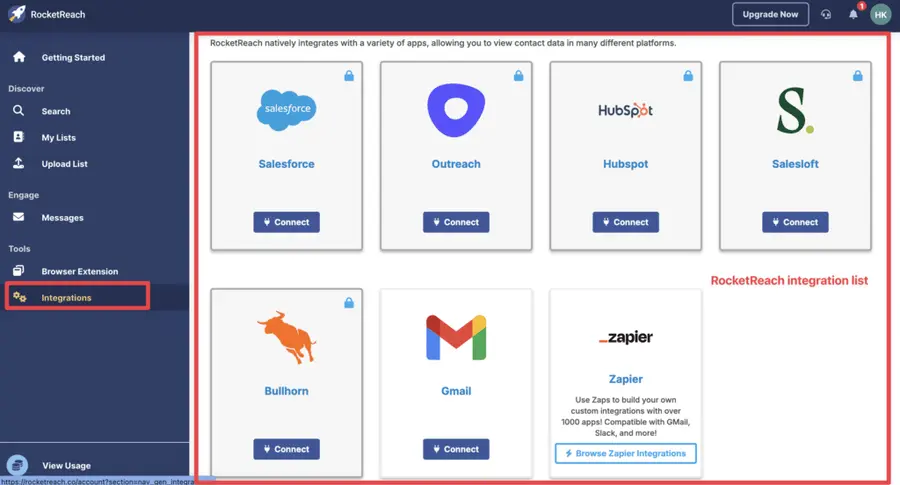 rocketreach integration list crm