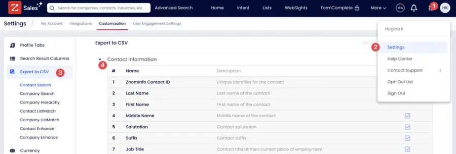 zoominfo export to csv from settings