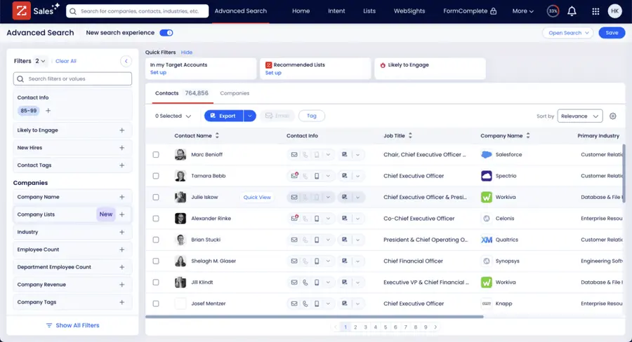zoominfo advanced search view with filters