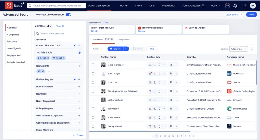 zoominfo interface advanced searches