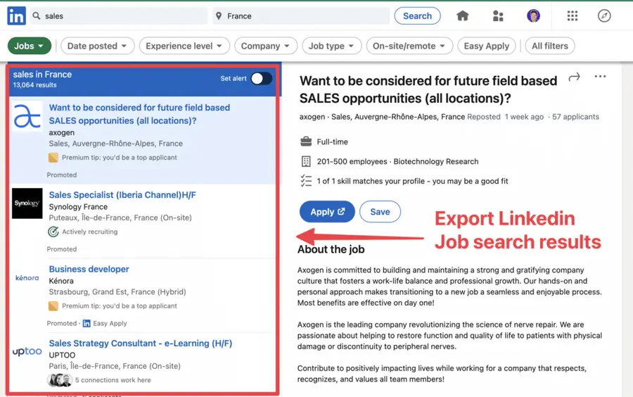 eksportowanie wyników wyszukiwania ofert pracy w serwisie linkedin
