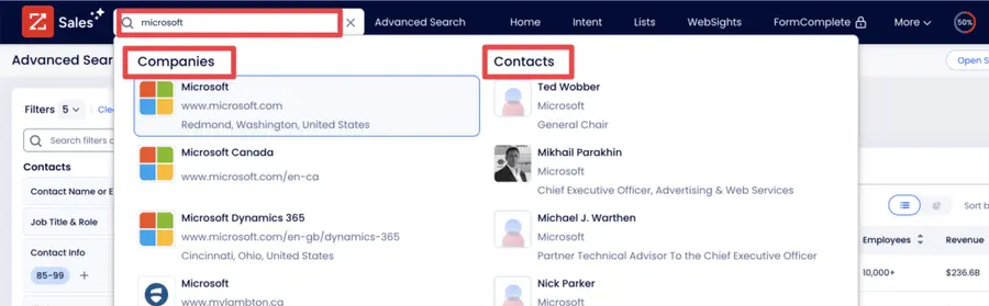 search for companies on zoominfo