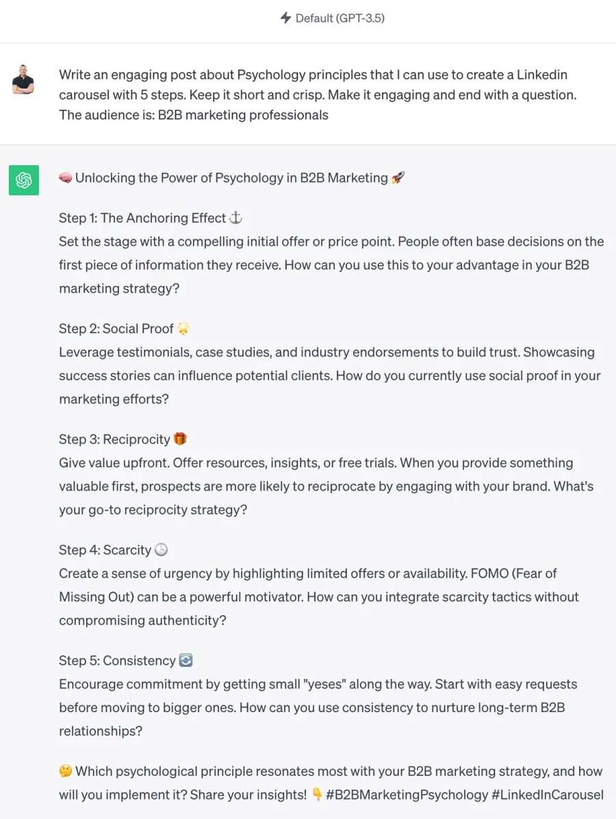 ChatGPT sample prompt to generate LinkedIn post