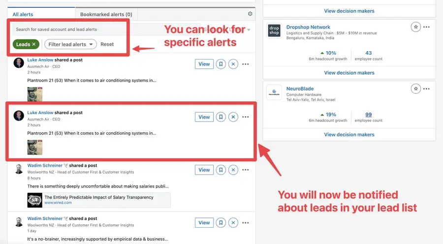 alerts on linkedin sales navigator homepage